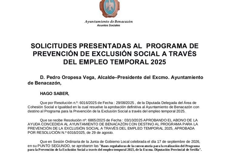 Benacazón publica listado de solicitudes para programa de empleo temporal de prevención social