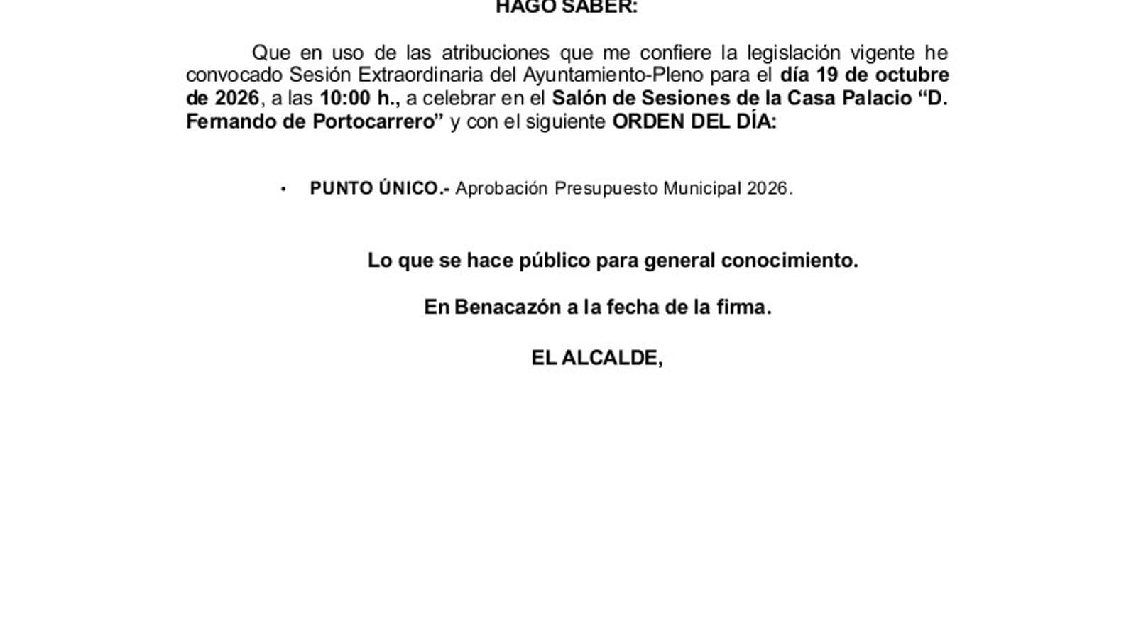 Benacazón convoca un pleno extraordinario para aprobar el presupuesto de 2026