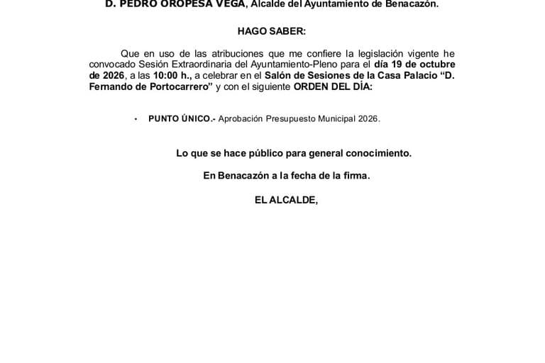 Benacazón convoca un pleno extraordinario para aprobar el presupuesto de 2026