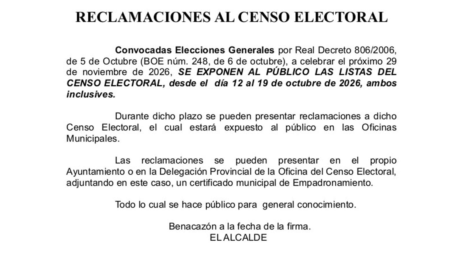 Exposición del censo electoral en Benacazón para las elecciones de noviembre