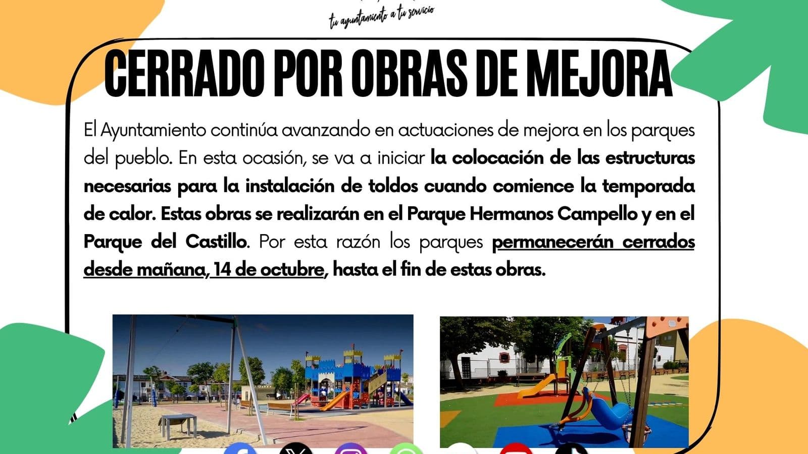 Castilleja de la Cuesta cierra dos parques para instalar toldos de verano