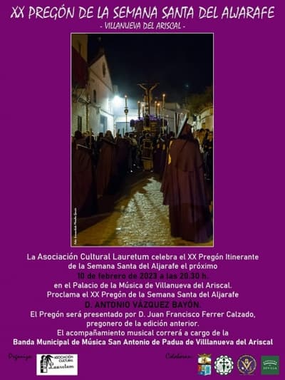 Villanueva del Ariscal acoge el XX Pregón de la Semana Santa del Aljarafe el 10 de febrero