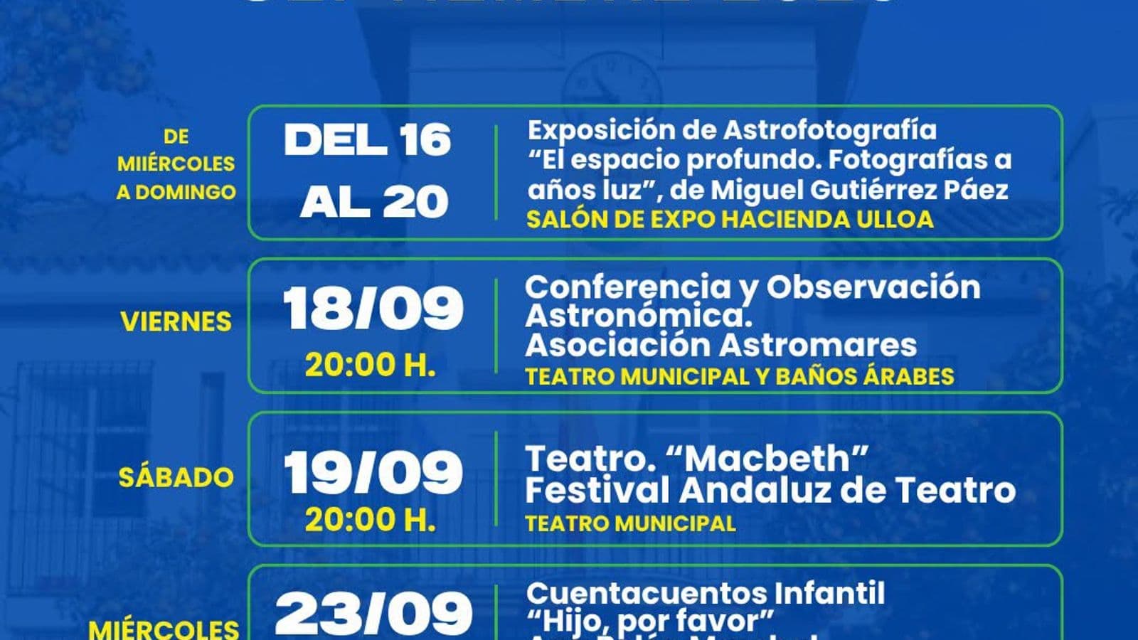 Palomares del Río programa exposiciones, teatro y observación astronómica para septiembre