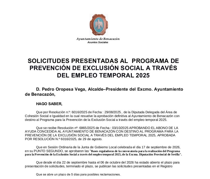 Benacazón publica listado de solicitudes para programa de empleo temporal de prevención social
