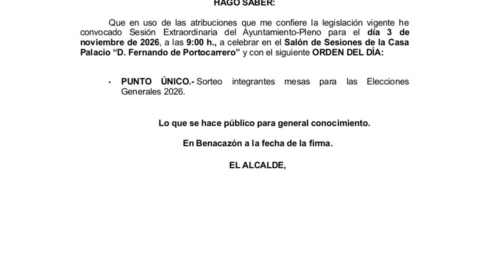 Pleno extraordinary en Benacazón para sortear las mesas electorales de 2026