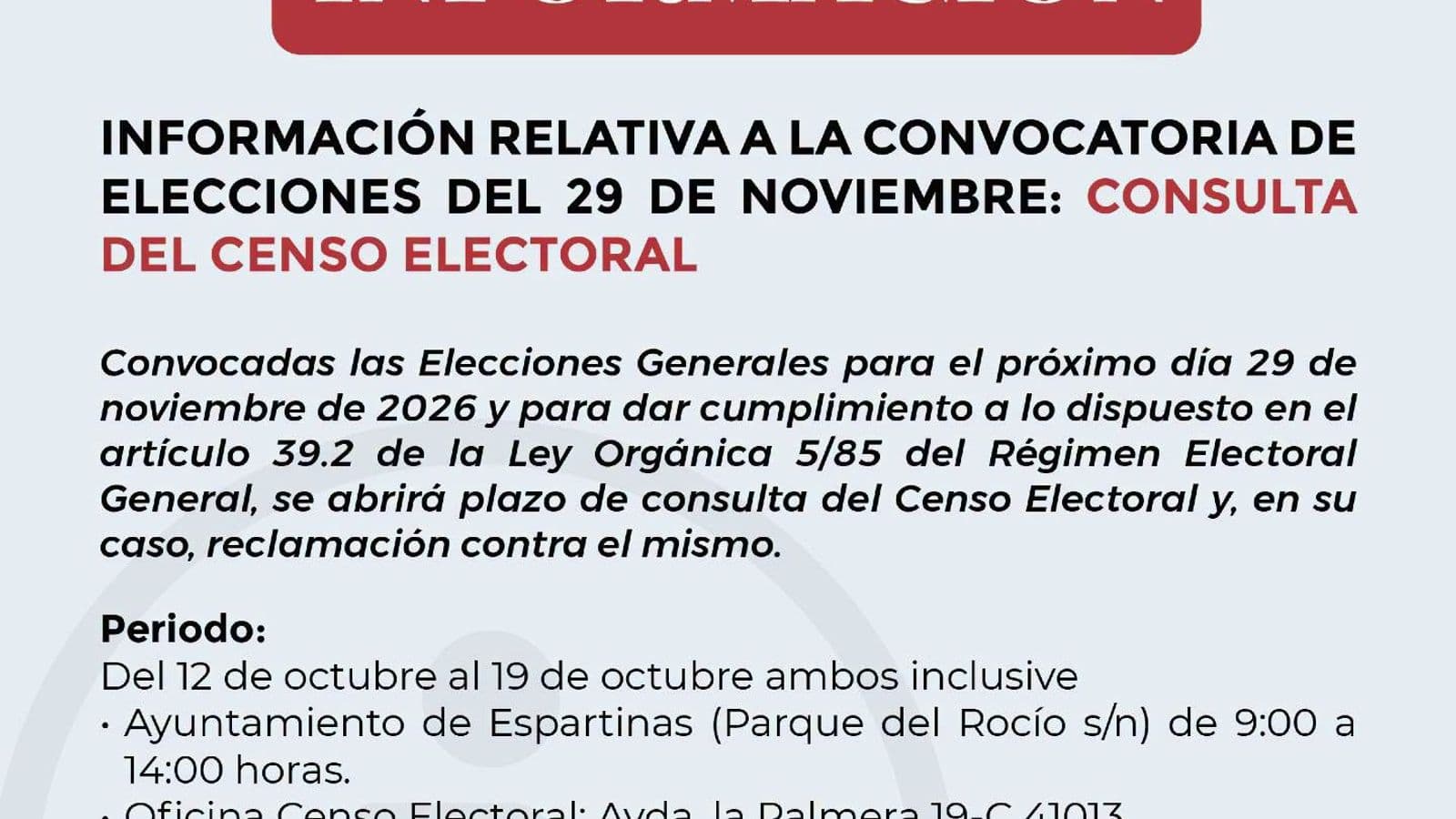 Espartinas abre consulta del censo electoral del 12 al 19 de octubre